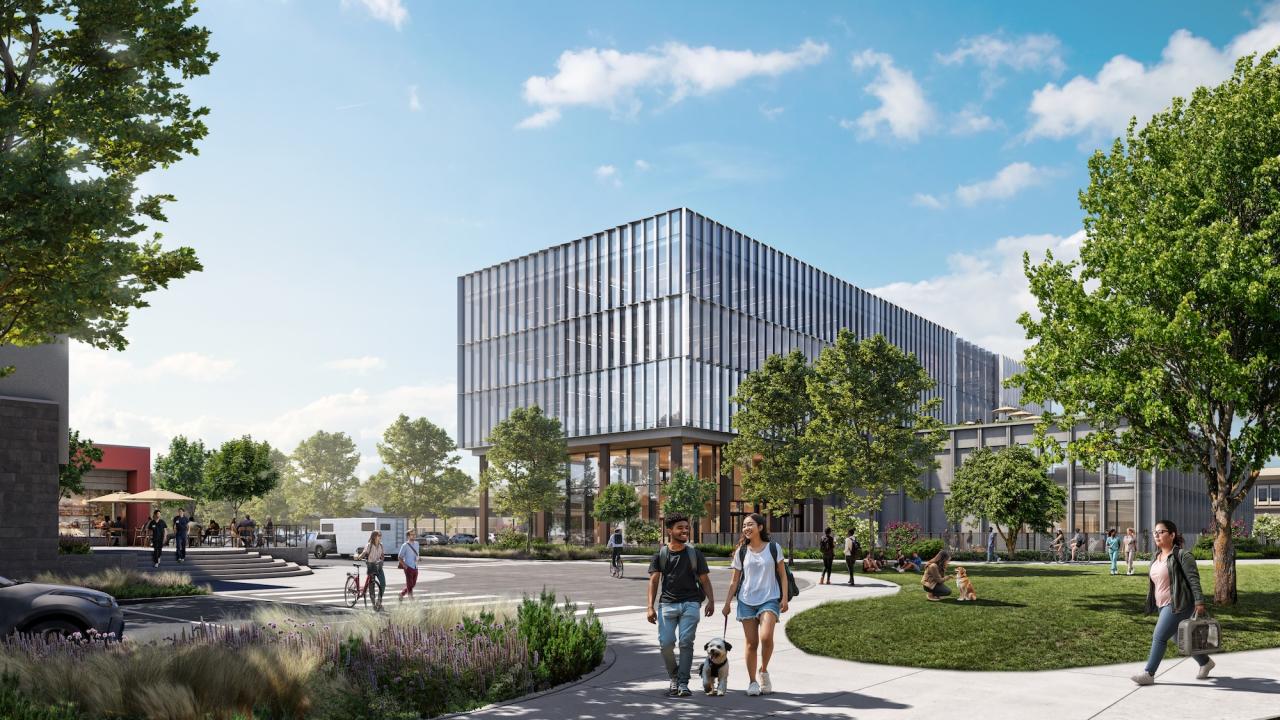 Rendering of the proposed new small animal hospital at the UC Davis Weill School of Veterinary Medicine as shown from Garrod Drive. The four-story building has a glass facade. A few students are shown walking a dog on the sidewalk in front of the building. (WRNS Studio)