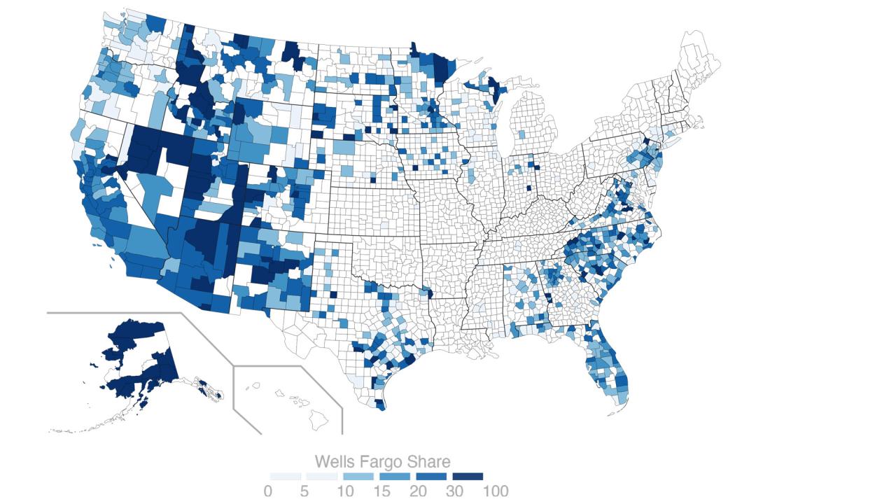 Blue and White map of United States showing Wells Fargo exposure