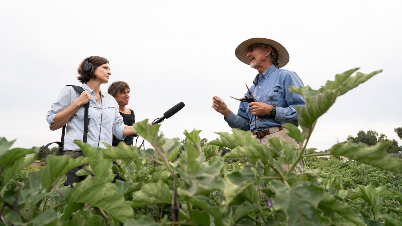 An interviewer holds a microphone up to another person standing in a farm field