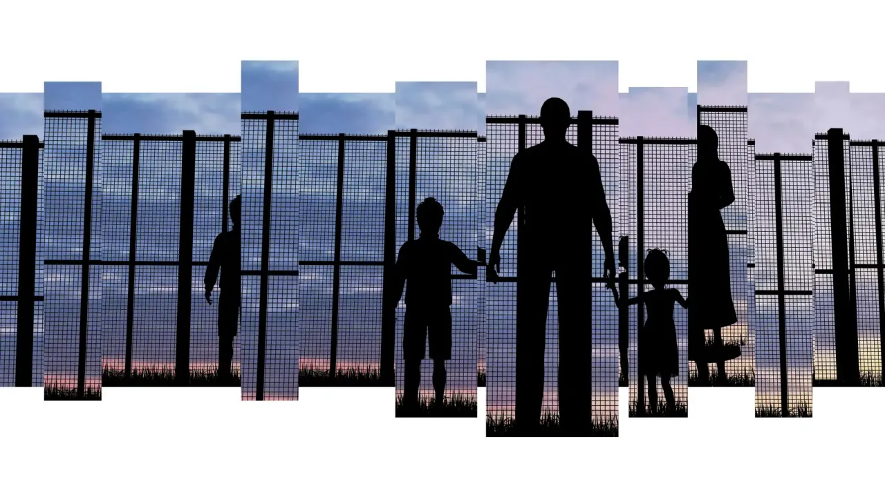 Photo illustration of silhouetted people standing in front of a border fence.