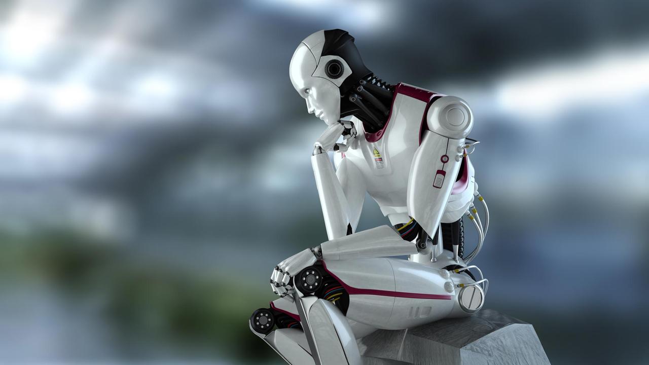 Photo illustration of a humanoid robot sitting in a classical thinking position, reminiscent of the Rodin sculpture.