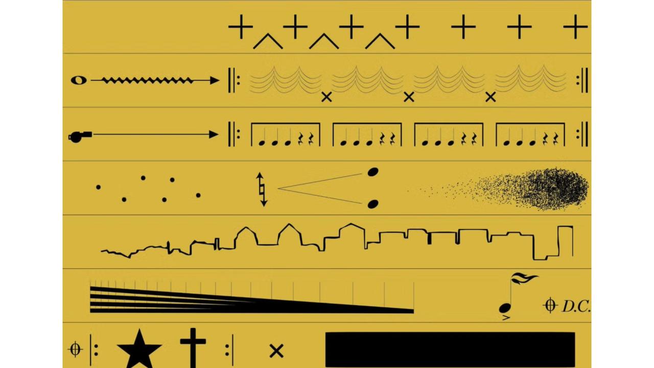 Black graphic shapes and lines on a yellow background, creating abstract designs.