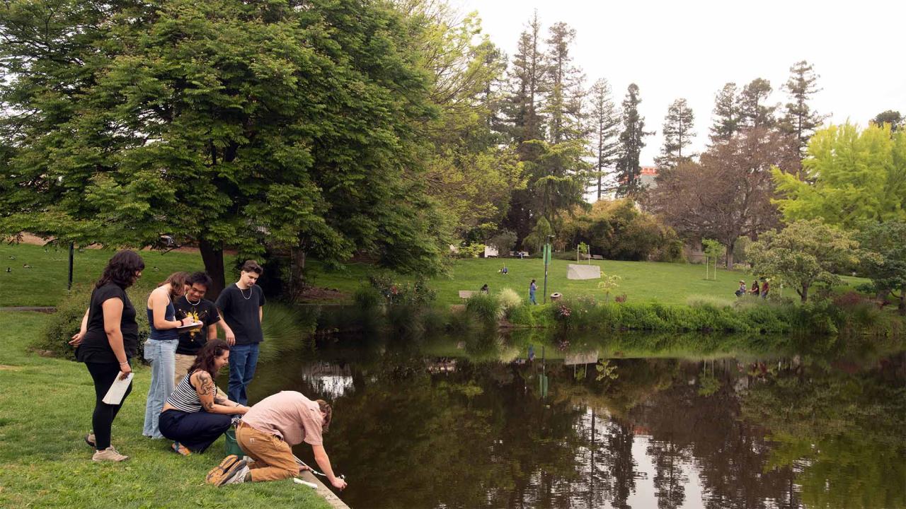 Group of young people at a park pond, some crouching at the water's edge