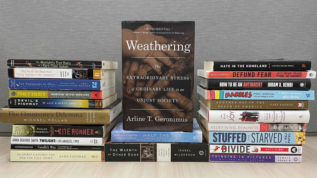 Previous Campus Community Book Project Titles, with Weathering in front.