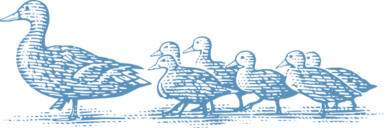 Blue stylized graphic of a mother duck with ducklings