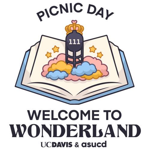 2025 Picnic Day logo says "Welcome to Wonderland" on an illustration of an open book.