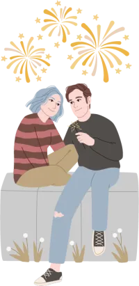 Illustration of a couple leaning together on a low wall, watching yellow fireworks