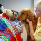 Photo: Cayenne, a golden retriever, with her owner, Kathy Ynclan, offers canine comfort to Risha Prasad at the UC Davis Children's Hospital. 