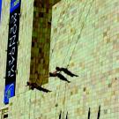Photo: Project Bandaloop performs aerial acrobatics on the Mondavi Center's south wall in the finale of ribbon-cutting ceremony, Oct. 3, 2002.