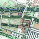 This sketch shows an aerial view of the future vineyard- and tree-lined gateway to the campus from Interstate-80, with the Robert Mondavi Institute located roughly in the center of the graphic. 