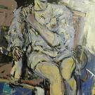 Jack Ogdens untitled seated woman, about 80 inches by 40 inches, oil on masonite.