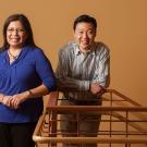 Photo: Graduate diversity officers Josephine Moreno and Steve Lee, posing on a stairway