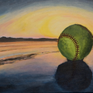 Painting: Softball on beach at sunset