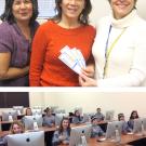 Photos (2): Central HR survey incentive organizers Sylvia Alves, Sandie Lewis, Pam Nardinelli; and members of the gymnastics team take the survey in a