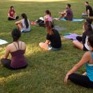 A group does yoga on the Quad at UC Davis.