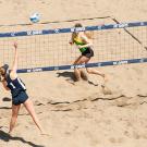 Savanah Schroeder (#1) and Heather Reed (#21) compete in the deciding beach volleyball match against Oregon on April 12, 2019. UC Davis won 3 to 2.