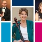 Collage of five photos: smiling string musicians with violin and cello, colorful panels