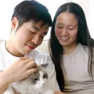 A young man and woman smile while petting a fluffy gray and white cat.