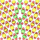 A grid of alternating rows of red and yellow spheres. Passing down the center of the image are two columns of green spheres. 