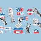 Graphic collage of diverse hands with I voted stickers, ballots and vote buttons on blue background