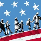 Illustration of a group of migrants walking across a landscape with American stars and stripes.