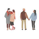 Flat vector illustration of four diverse couples hugging or holding hands