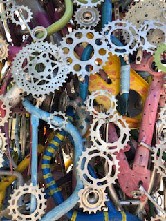 Close-up view of "The Davis Needle" shows how bicycle parts were used in the details. (UC Davis Photo/Kathleen Holder)