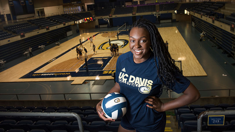 Kelechi Ohiri above a volleyball court